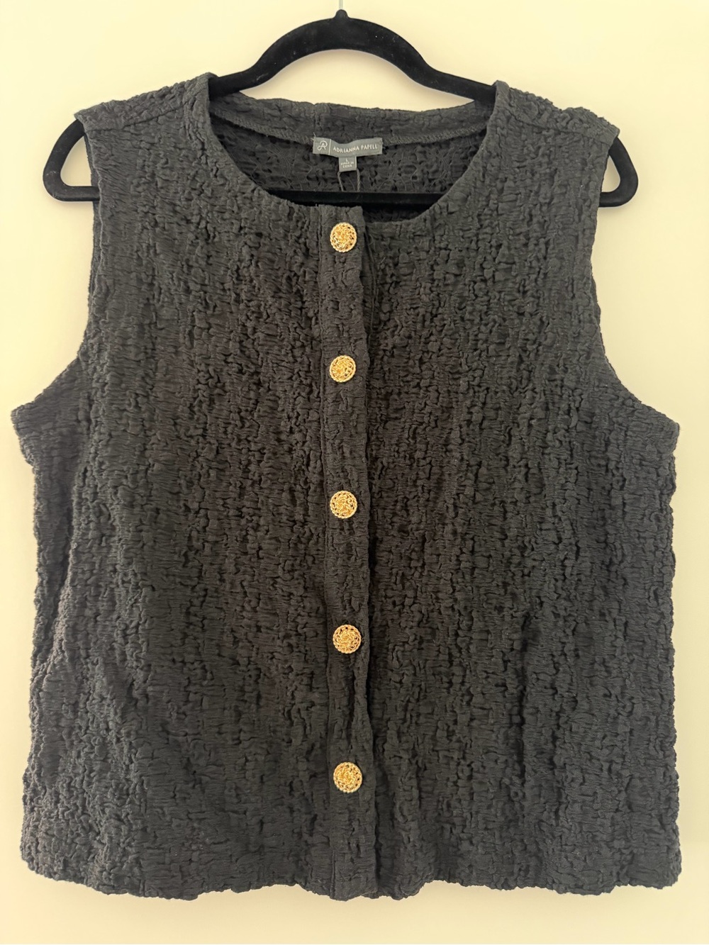 Adrianna Papell Black Textured Sleeveless Button Top with Gold Buttons
